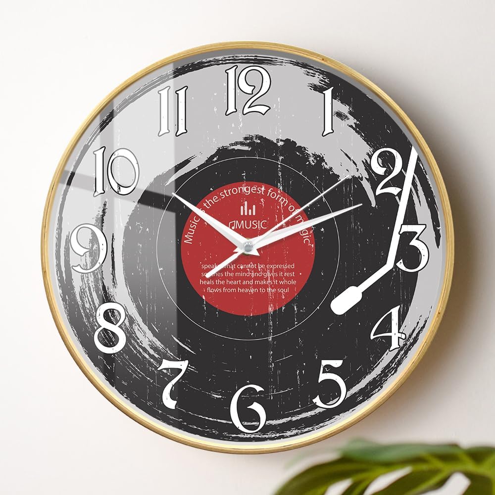 Vinyl Record Decor Clock with Wooden Frame, 12 Inch Unique Cool Clocks Decorative Silent Non Ticking Battery Operated Musical Wall Clock Gifts for Vinyl Record Lovers Music Room Studio Decor