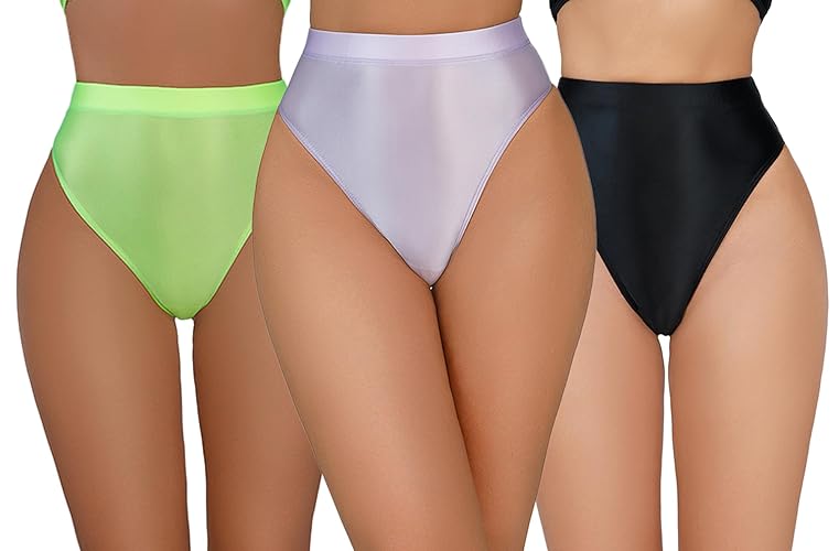 FEOYA Women Metallic Thongs High Waisted Sexy Cheeky Panties Rave Festival Bottoms for Club Party - 3 Pack-3 - Medium