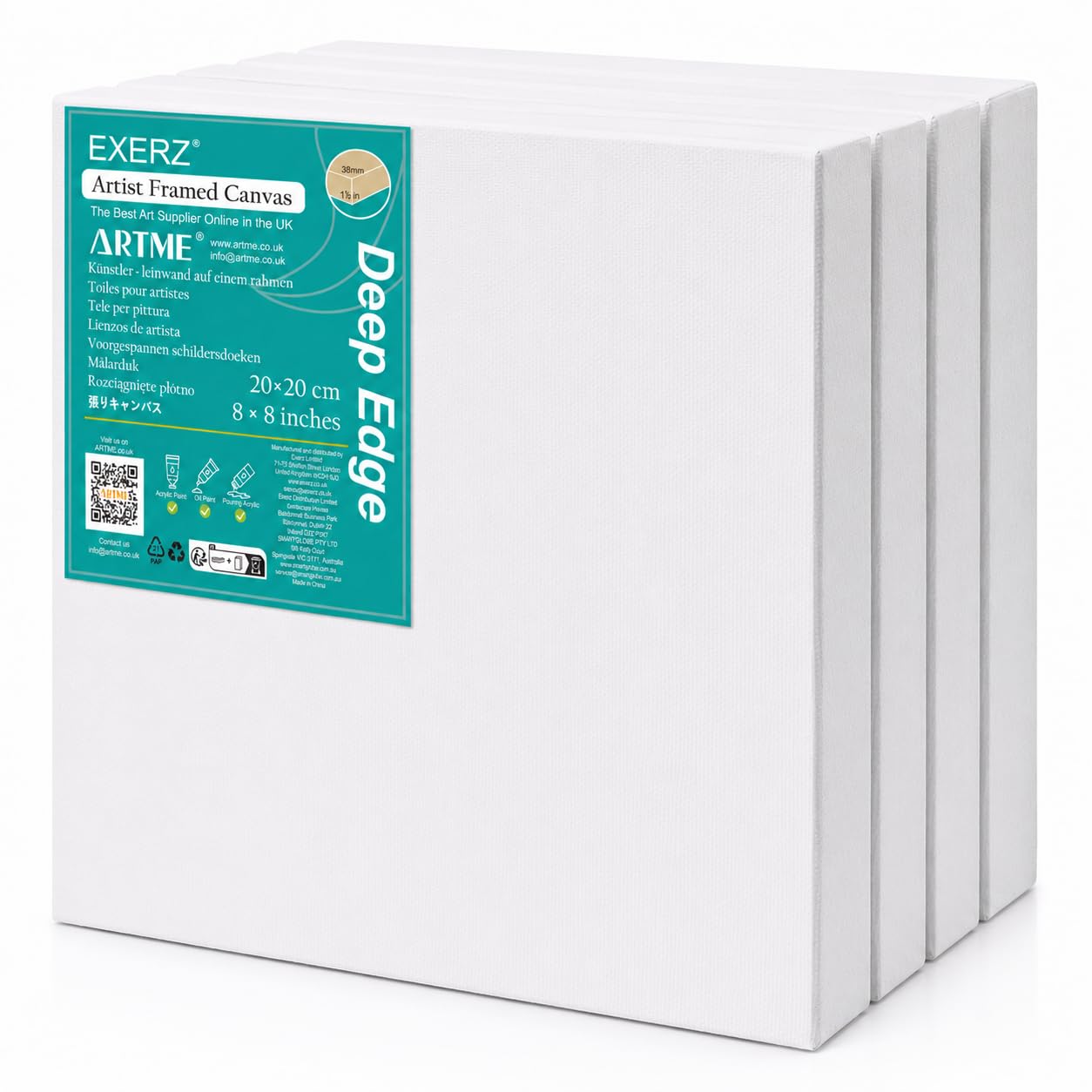 EXERZ 20x20cm Deep Edge Canvas 3.8cm Framed 4pcs, 380GSM 3D Artist Pre-Stretched Square Canvas 100% Cotton/Blank/Triple Primed/Acid Free/Medium Grain/Professional, Acrylic, Oil (20x20cm 4pk)
