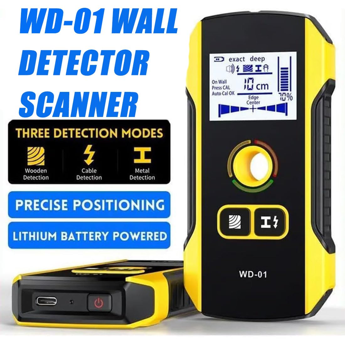 Rilevatore di metalli di precisione da parete con foro di posizionamento, scanner digitale 3 in 1 per rilevare fili interni, metalli profondi, tubi dell'acqua, travetti del pavimento (1 pezzo)