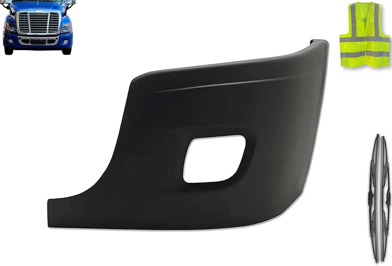 KOZAK Outer Bumper Corner Cover with Fog Lamp Hole Left Driver Side Compatible with Freightliner Cascadia 2008-2017 Includes Logo, 2x22" Windshield Wipers and Reflective Vest
