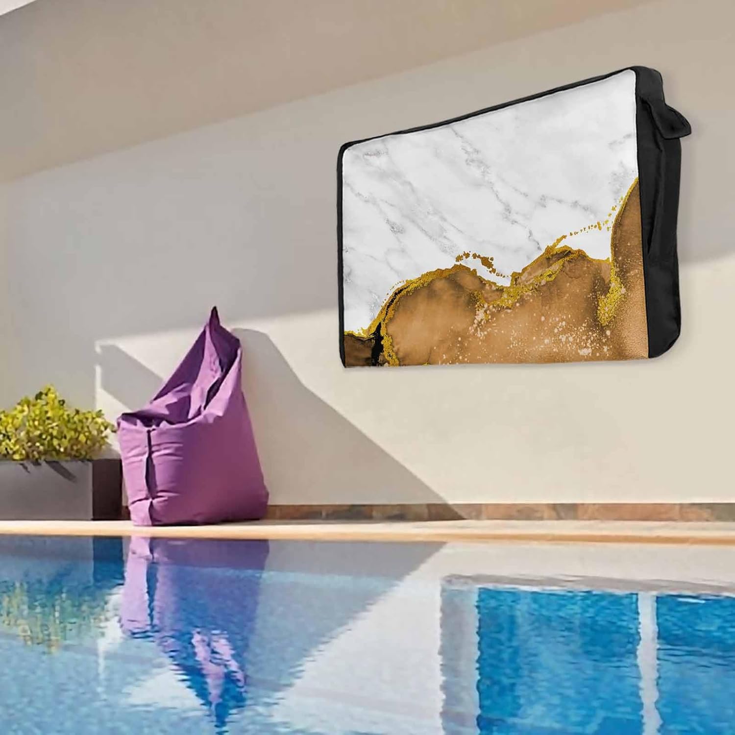 T&H XHome Golden Brown Outdoor TV Cover Marble Texture Modern Art Simple Waterproof and Weatherproof 80"-85" LCD Movable Shield TV Display Screen Protector Outside Television Covers 75" Wx45 H