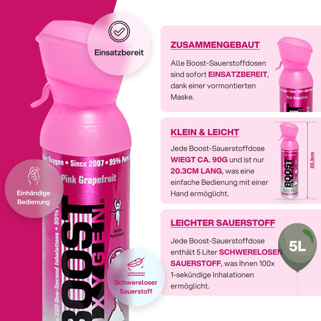 Boost Oxygen Sauerstofflasche für Unterwegs mit 95% Sauerstoff - 30L, 6x5L Sauerstoffdose mit Sauerstoffmaske für mehr als 600 Inhalationen - mobiler Sauerstoff Inhalator (Rosa Grapefruit Geschmack)