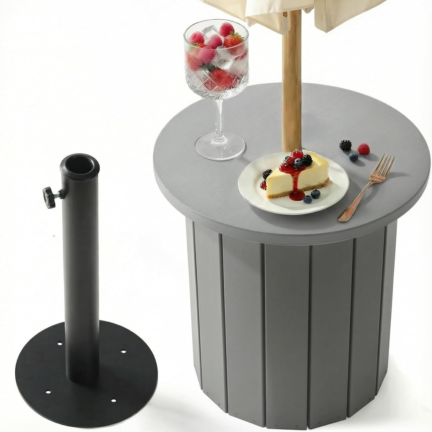 wikiwiki 2-in-1 70Lbs Patio Umbrella Base & Outdoor Side Table with Hole, HDPE Woodgrain Small Outdoor Table Fits 1.5-1.9in Pole for Patio, Deck, Poolside & Garden Use, Gray
