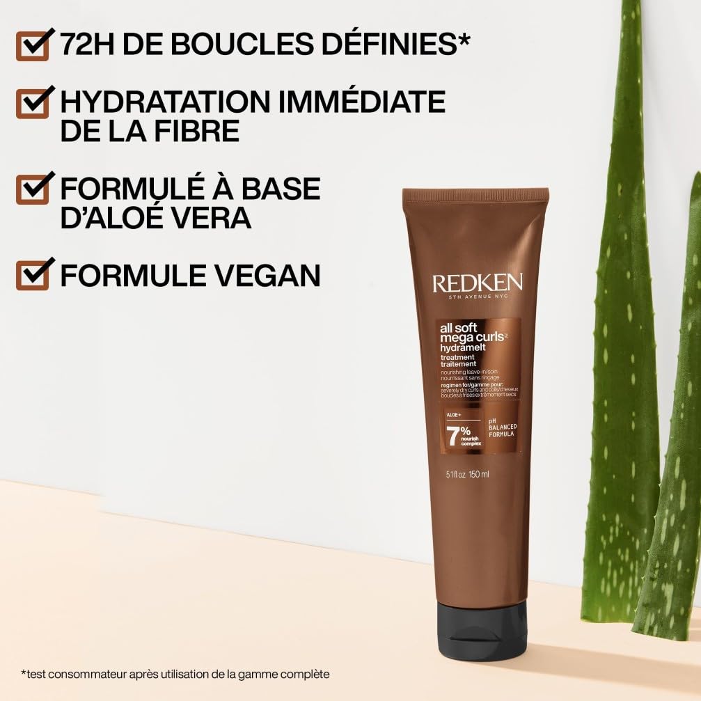 REDKEN - Soin Nourrissant & Hydratant Sans Rinçage - Définit Les Boucles 72h - Vegan & Sans Sulfates - Aloe Vera - Cheveux Très Secs, Bouclés À Crépus - All Soft Mega Curls - Hydramelt - 150 ml