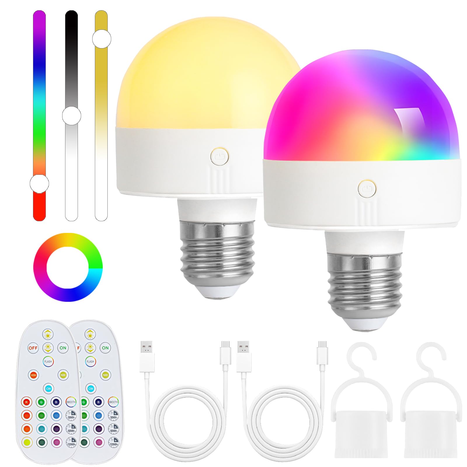 Lampadina ricaricabile con timer e telecomando, lampadine a batteria dimmerabili E27/E26 LED di ricarica rimovibile, lampade non cablate con 3 temperature di colore + 12 RGB, 2 Pezzis