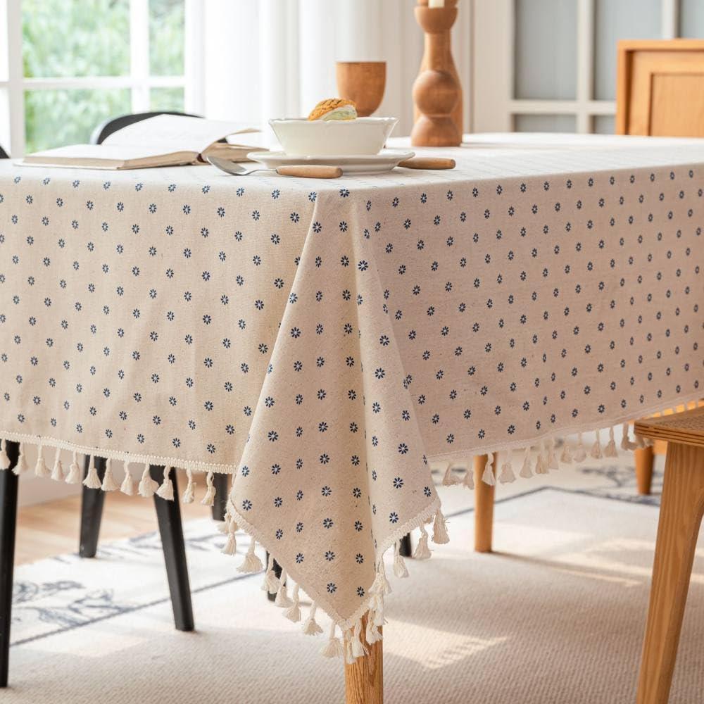 Nappe de table fleurie coton et lin avec pompon pour salle à manger 140x140