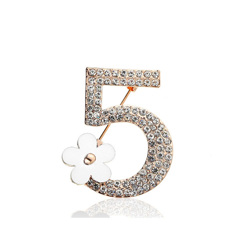 WLLAY Bling Crystal Lucky Number 5 with Charm Black Flower Brooch Pin Clothes Lapel Pin Breast pin (rose gold-tone-white)