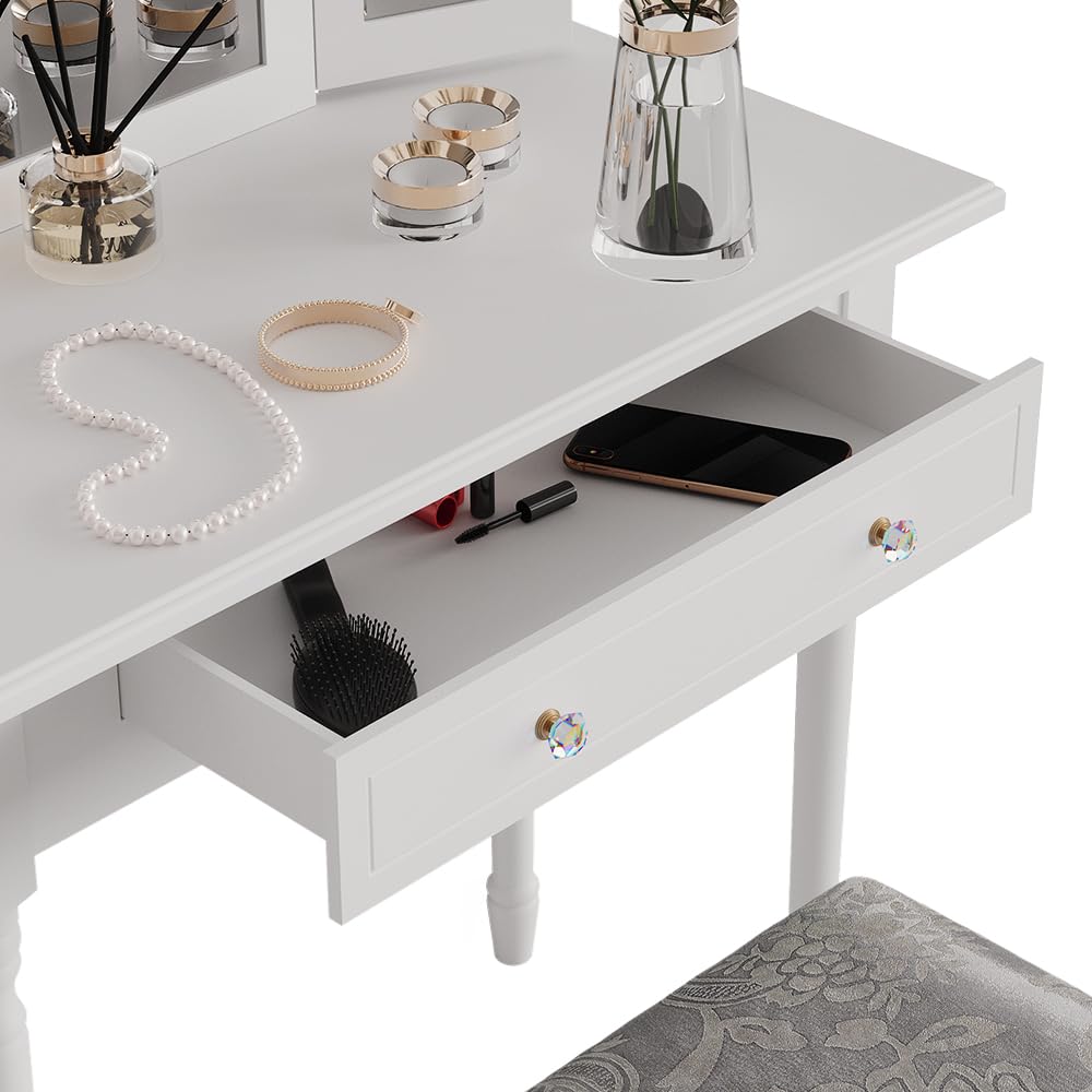 Vicco Coiffeuse Blanc 75 cm avec miroir LED, chargeur QI et tabouret