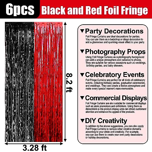 Image of 6 Pack Black Red Foil Fringe Curtain Backdrop, 3.28Ft x 8.2Ft Metallic Tinsel Foil Fringe Streamer Curtains for Photo Booth, Christmas Day, Thanksgiving, Wedding, New Year Party Decorations