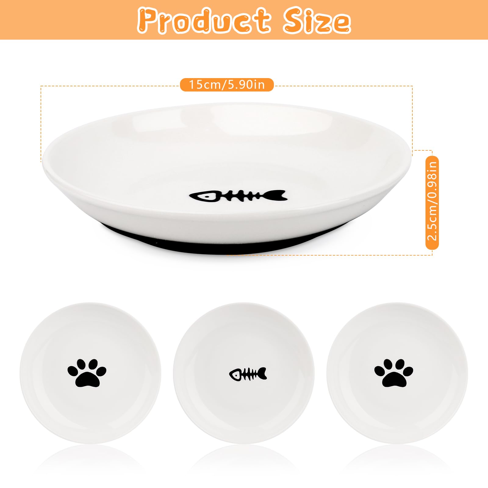 Set di 3 ciotole per gatti, in ceramica, con fondo in silicone antiscivolo, per gatti, piatta, allevia l'affaticamento dei baffi, per cibo e acqua, per gatti