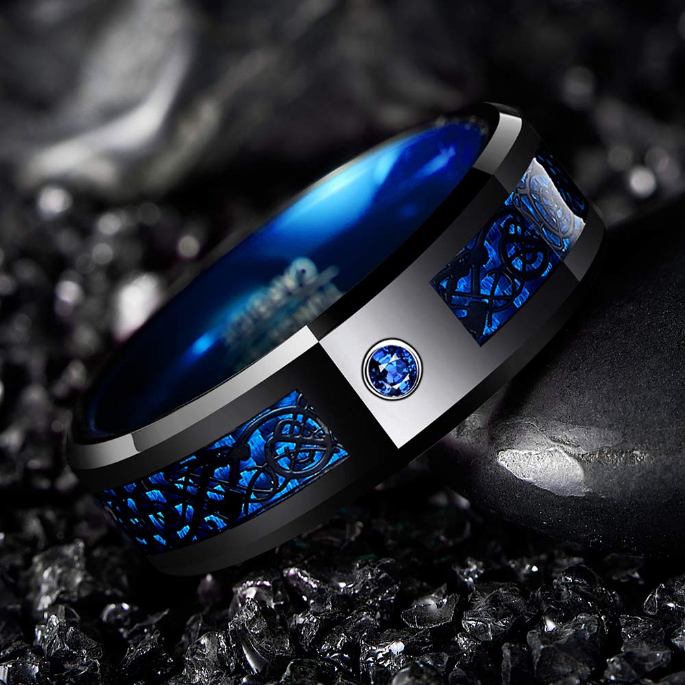 NUNCAD Anello uomo/donna celtico nero-blu con fibra di carbonio, zircone, unisex anello tungsteno largo 8 mm per matrimonio, fidanzamento, associazione, misura da 26.5
