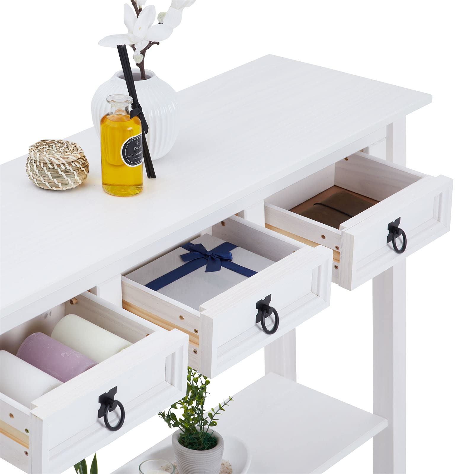 IDIMEX Console Rural Meuble Style Mexicain avec 3 Tiroirs et 1 Étagère, Table Console Blanche Fabriquée en Pin Massif, Poignées en Métal, Finition Lasurée Blanche