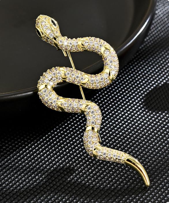 Image of Gold Snake Brooches Pins for Women Men Statement Snake Enamel Lapel Pins Crystal Rhinestone Accessories Powerful Animal Insect Clothing Coat Jacket Lapel Jewelry Gifts
