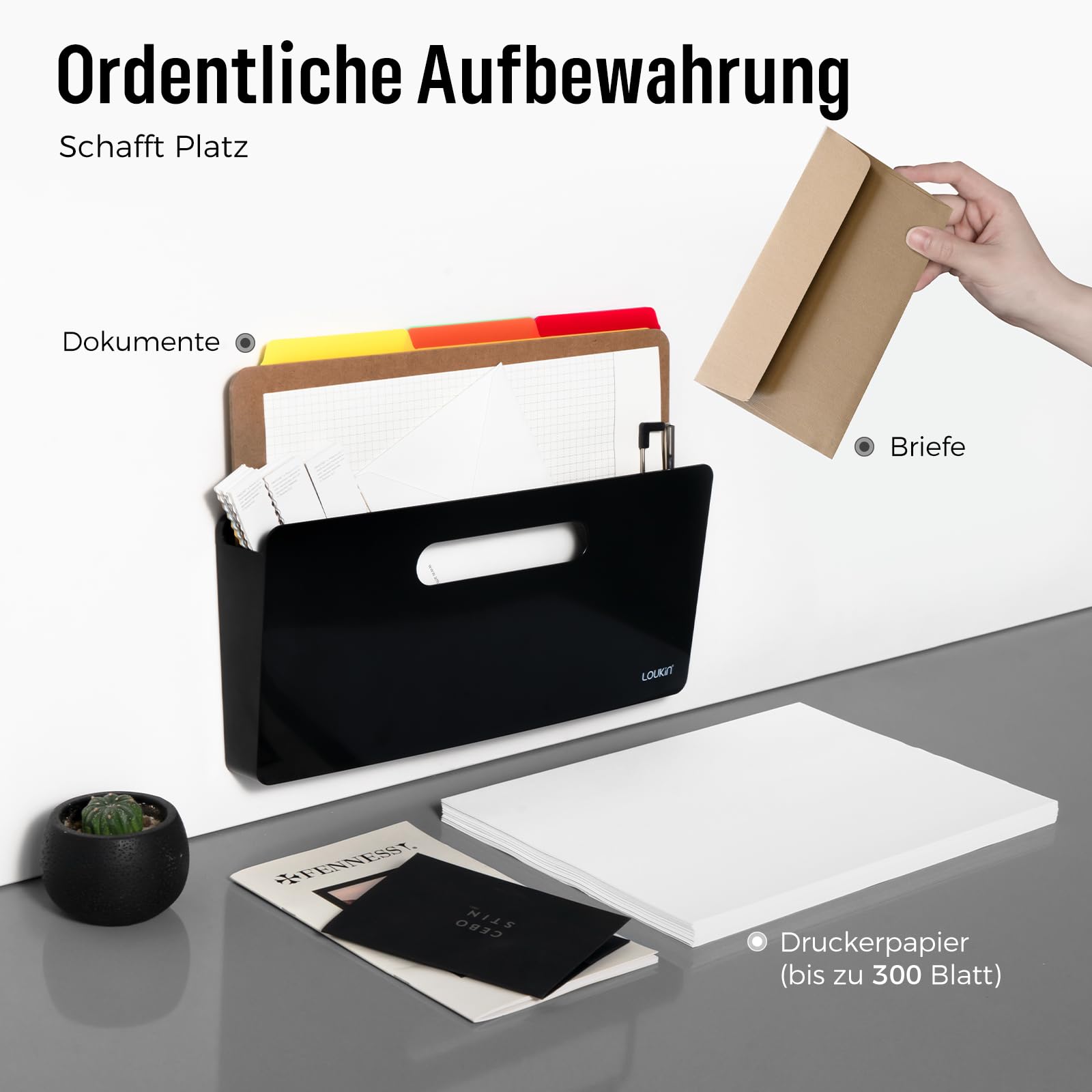 loukin Magnetischer Aktenhalter – Vertikaler Wandorganizer für Whiteboard, Kühlschrank, Büro oder Wand, Dokumente und Briefe, Schwarz
