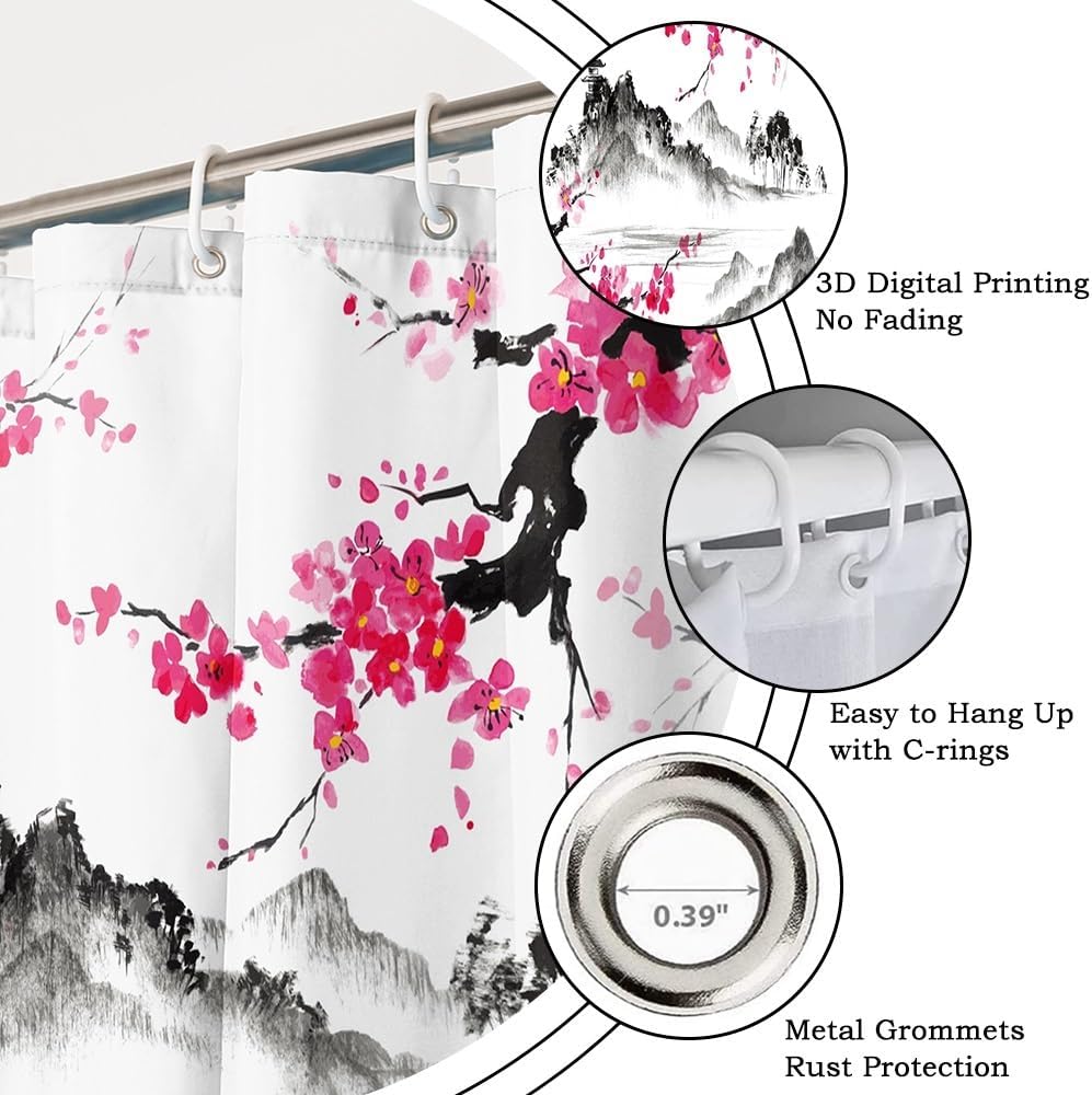 Japanese Cherry Blossom Shower Curtain Set Asian Anime Shower Curtains Pavilion Tree Mountain Lake Chinese Ink Painting Bathroom Decor Washable Waterproof Polyester Fabric with Hooks 65x72 Inch image 5