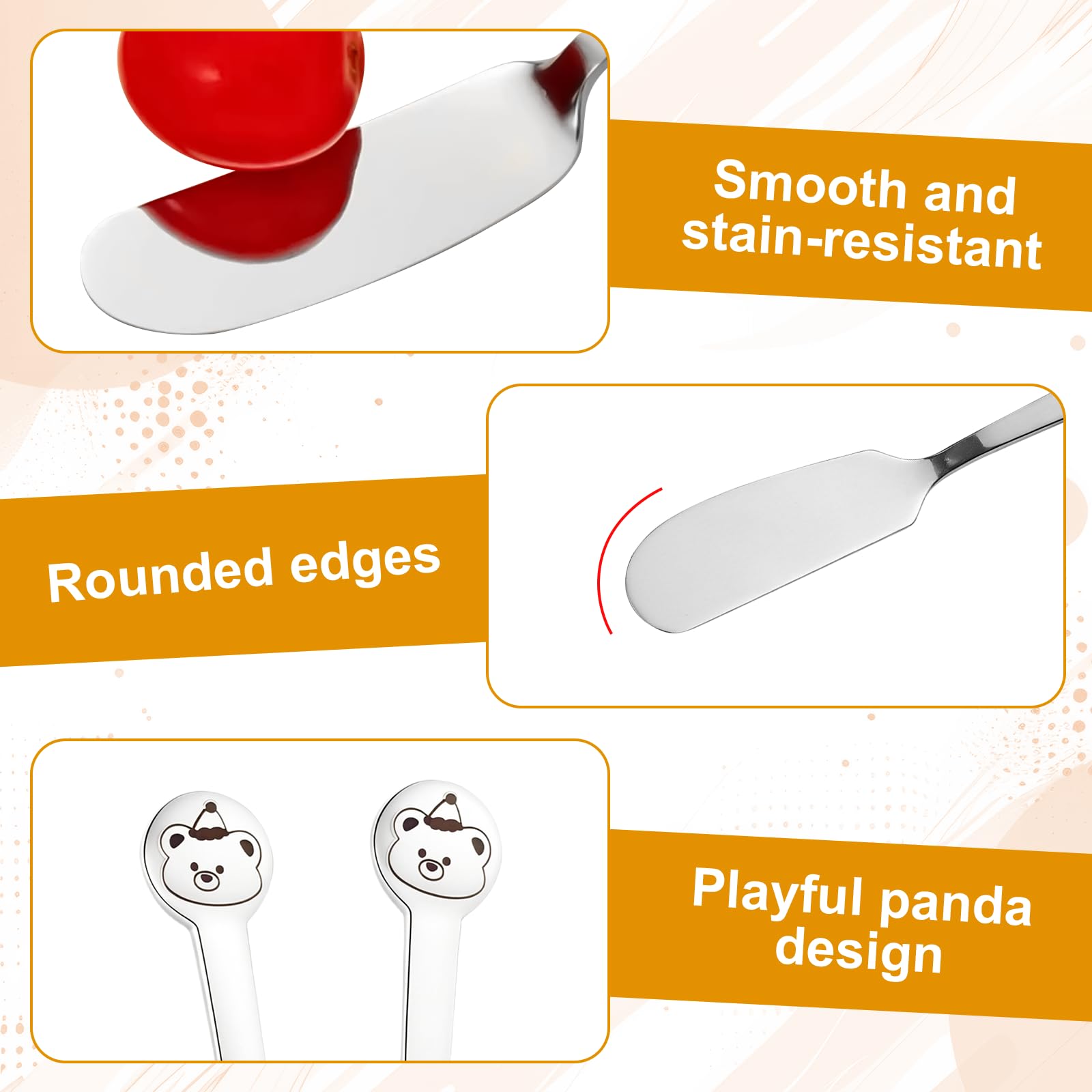 Cuchillo Mantequilla, Cuchillo Untar, Cuchillo Queso de Acero Inoxidable Juego de 4 con Diseño Panda Y Filo Romo para Untar Mantequilla Mermelada y Cremas Longitud 16, 8 Cm