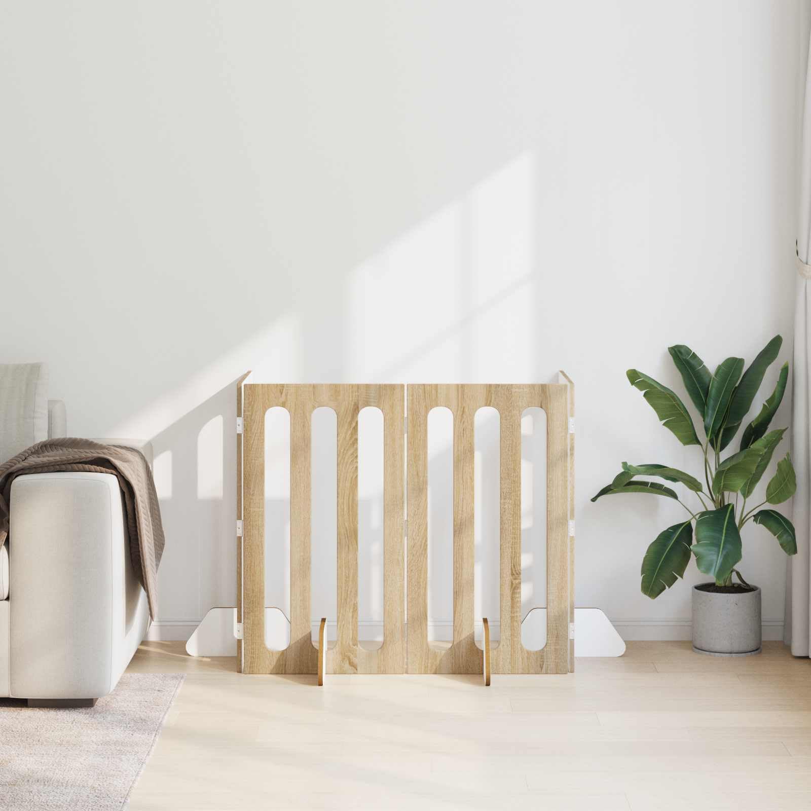 Valla plegable para mascotas de madera de roble Sonoma, 4 piezas, 201 x 38 x 90 cm, con paneles plegables flexibles giratorios 180 grados, protección segura para perros, cachorros, interiores