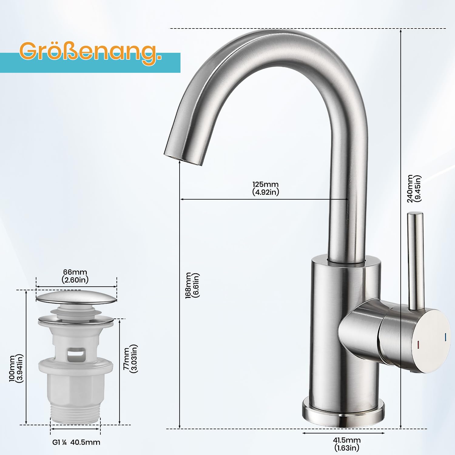 Rubinetto da bagno alto con piletta di scarico, spazzolato | Miscelatore monocomando girevole a 360°, rubinetto per lavandino in acciaio inox