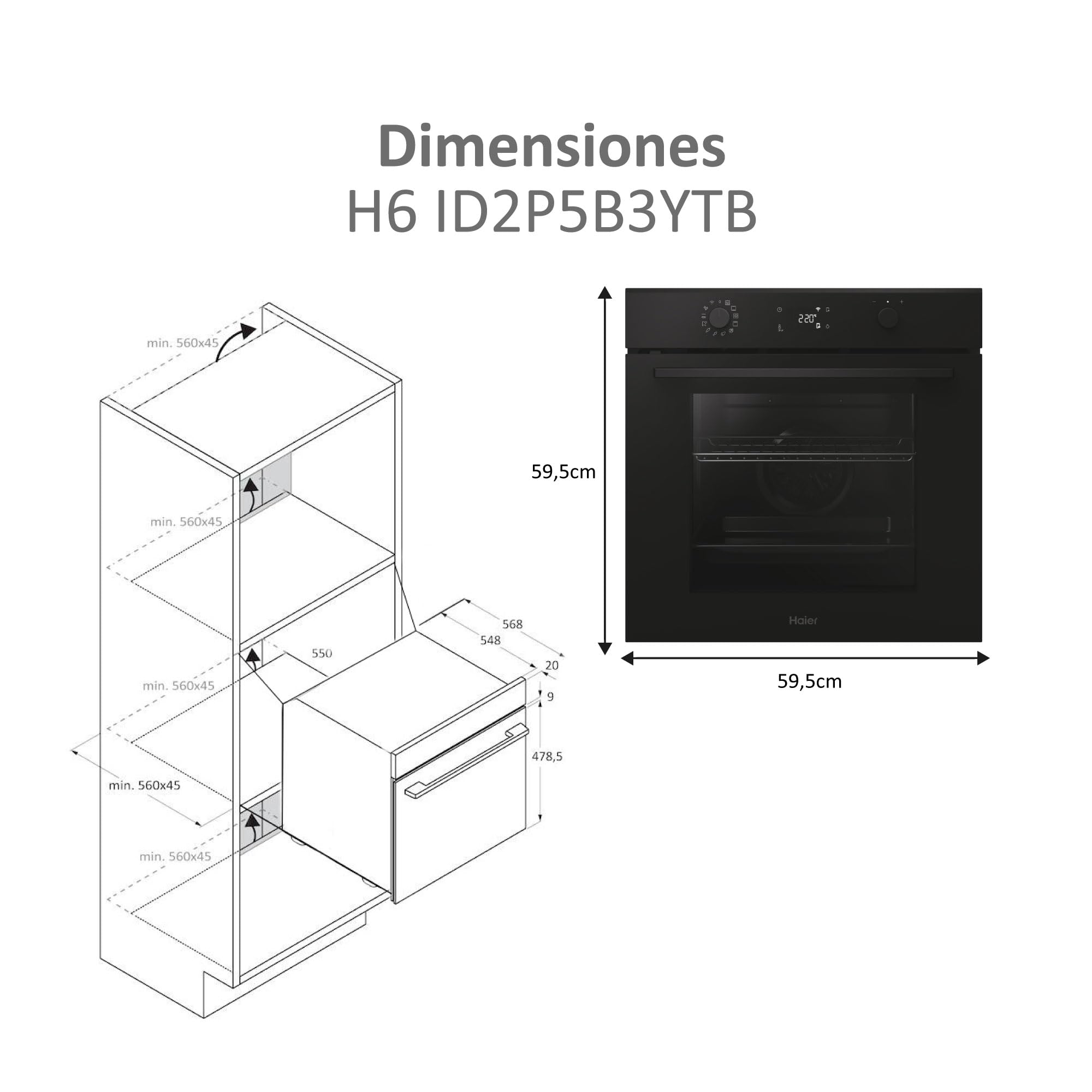 Haier ID Series 2 H6 ID2P5B3YTB - Horno Multifunción Pirolítico e Hidrolítico, Conectividad WIFI, 78L, Cocción multinivel, 12 Funciones, Display táctil y Mandos giratorios, Guía Telescópica, Negro