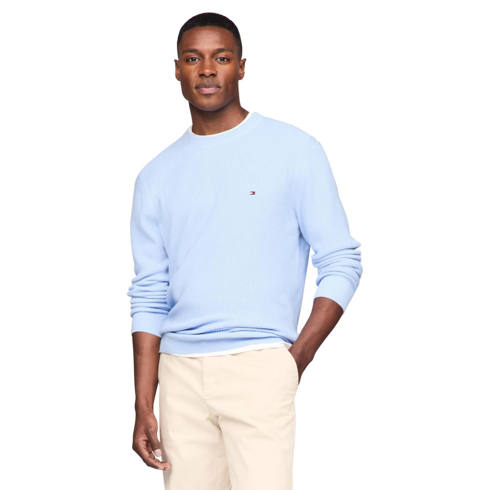 Tommy Hilfiger Men's Vessel Blue Waffle Knit Crewneck Sweater Lightweight Pullover, Also Available In Big & Tall, Medium