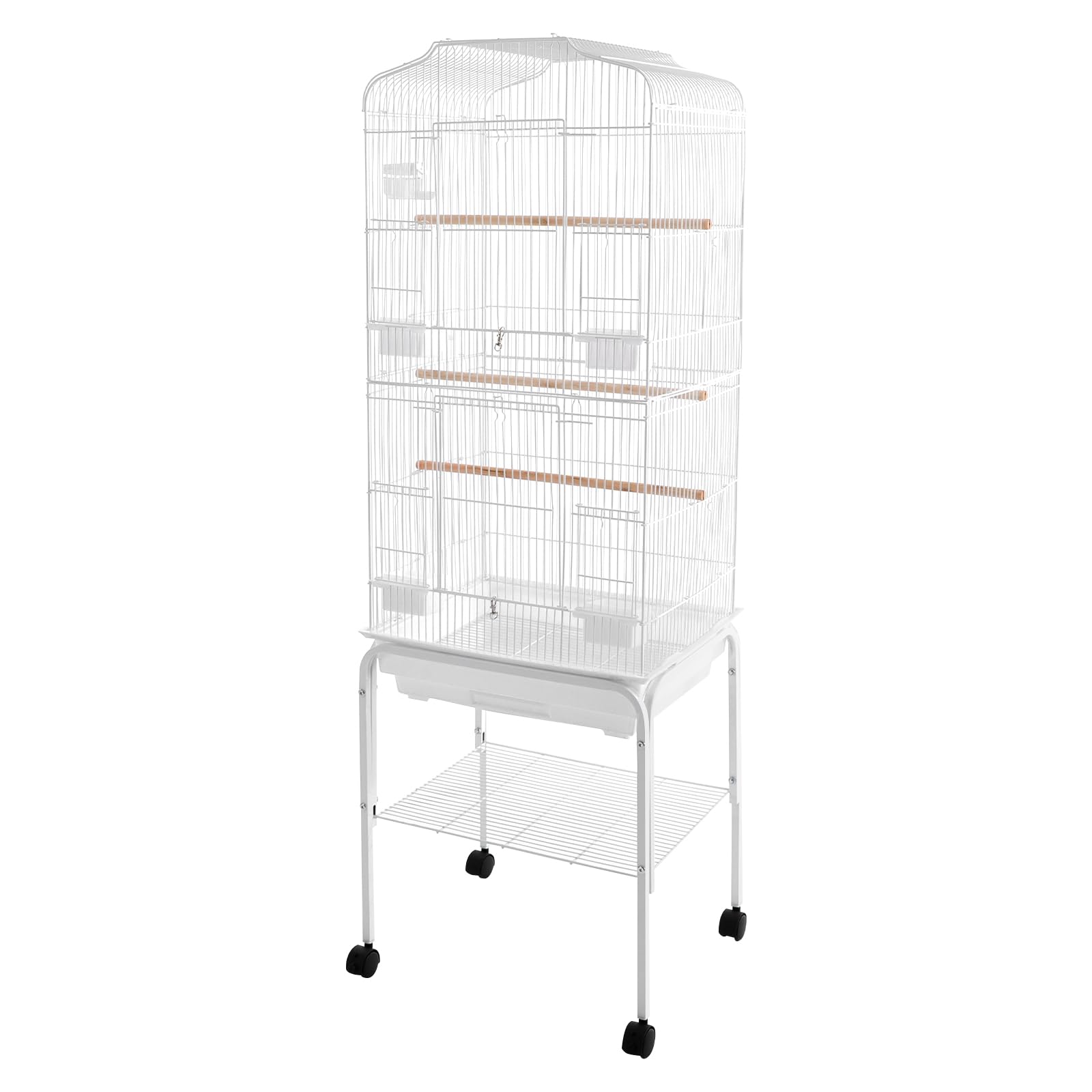 Jaula grande para loros y periquitos, estable de metal con 4 ruedas universales, bandeja inferior extraíble, compartimento de almacenamiento, para balcones, salón y cría de aves