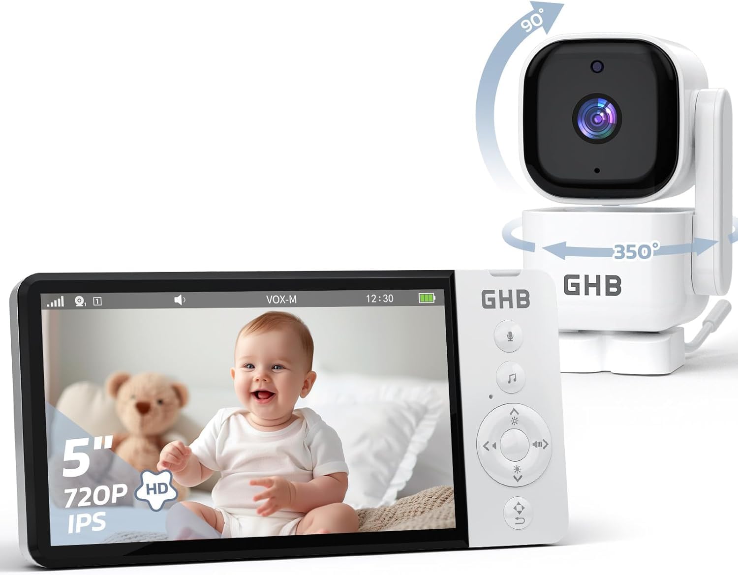 GHB Baby Monitor with Camera and Night Vision, 5'' 720P HD Video Monitor, 5000mAh, Remote Pan and Tilt, IPS Screen, VOX Mode, 2-Way Audio, Temperature Alert, 8 Lullabies