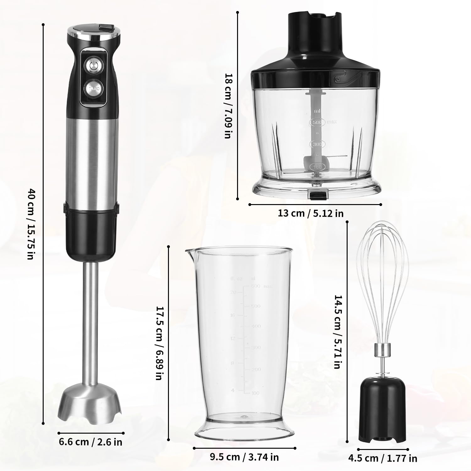 Mixeur Plongeant Inox 5 in 1 Mélangeur à Main Multifonction 1000W, 12 Vitesse Réglable, avec Fouet, Hachoir de 500ml et Verre Doseur 700 ml, Robot de Cuisine