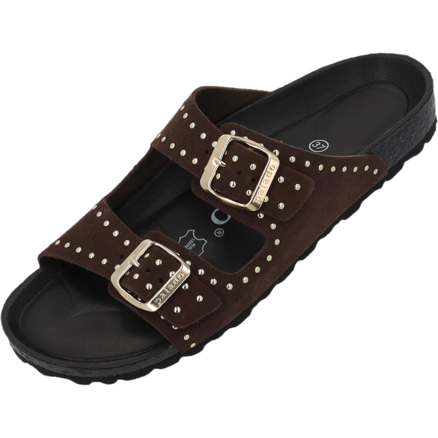 Palado Damen Pantoletten Elaha Rivet Velours Premium Leather - elegante Sandalen Made in Spain - Hausschuhe mit Kork-Fußbett - modische Sommerschuhe