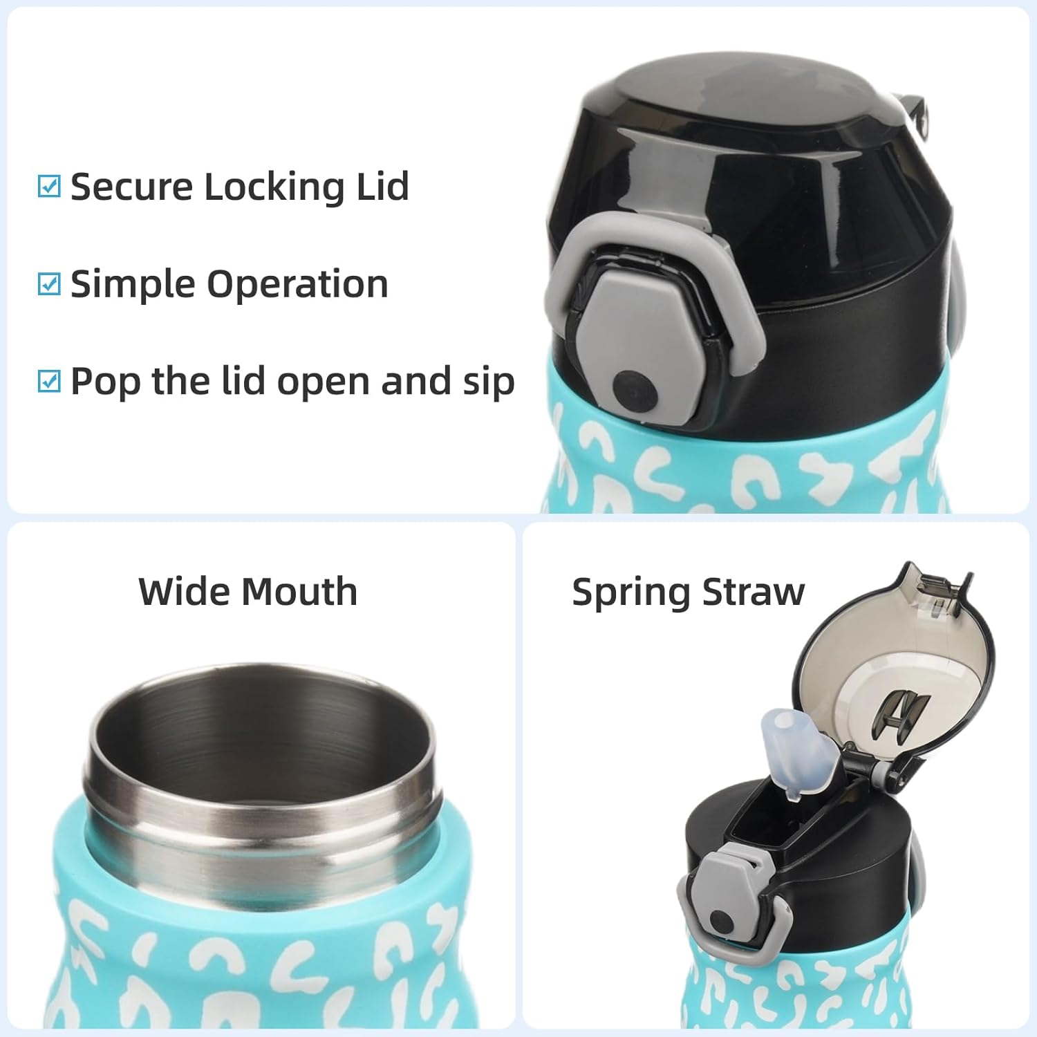 Insulated Water Bottle with Straw and Carry Loop,18 oz Stainless Steel Double Wall Vaccum Metal Water Flask with Leak-proof Lid,Blue Leopard - Image 4