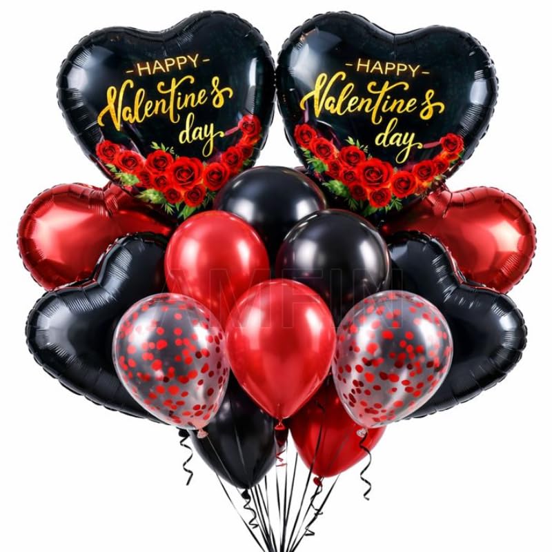 Image of AMFIN (Pack of 14) Happy Valentine's Day Balloon Decoration Set | Romantic Heart Foil Bouquet Metallic Helium Bunch Proposal Anniversary Celebration Party Decor - Red Black