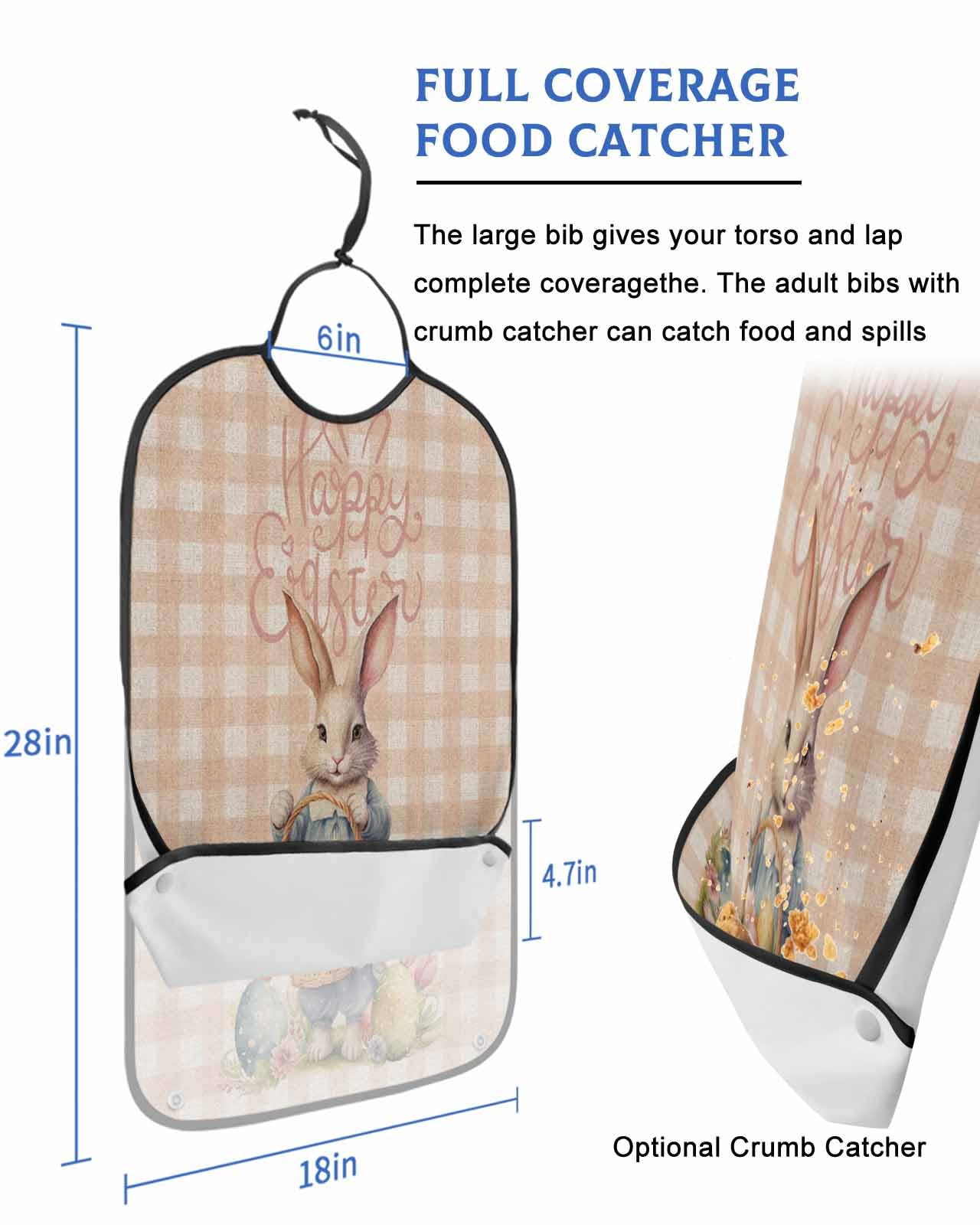 Easter Bunny Orange Adult Bib for Eating with Crumb Catcher,Easter Basket Egg Buffalo Tulip Flower Waterproof Terry Cloth Adjustable Elderly Women Men Adult Bibs Funny Apron Clothing Protector