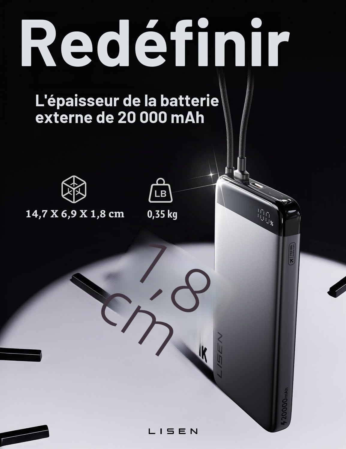 LISEN Batterie Externe CCC, Power Bank 20 000 mAh, Batterie Externe CCC Chine avec Câble Intégré, 35 W, Compatible avec iPhone 17/16, Xiaomi 17 Pro Max, Galaxy S25, Gadgets Essentiels de Voyage