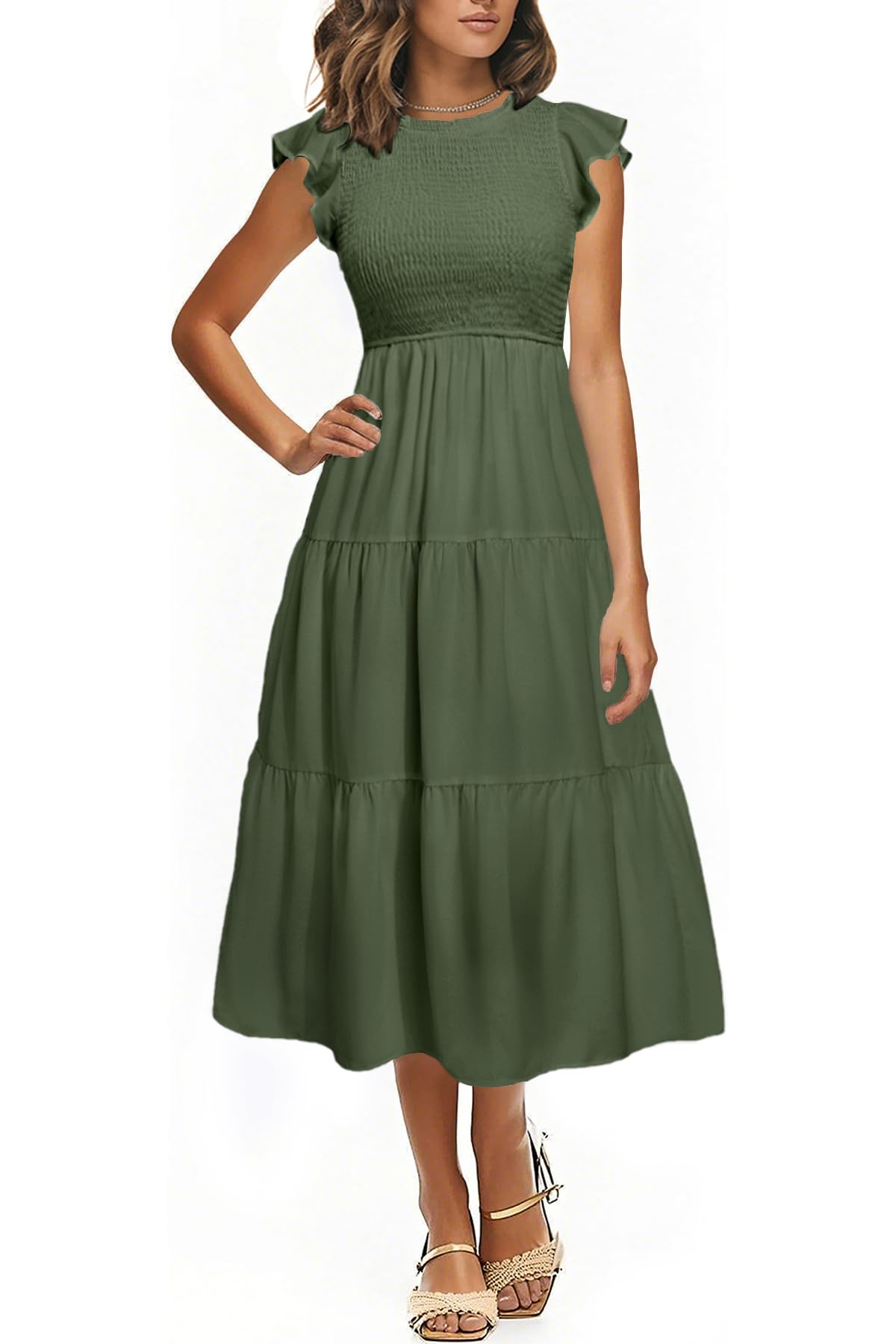 Casual Summer Dresses Women Crew Neck Smocked Tiered A-Line Midi Dress | Women’s Summer Casual Midi Dresses Flutter Short Sleeves Smocked Tiered Dress