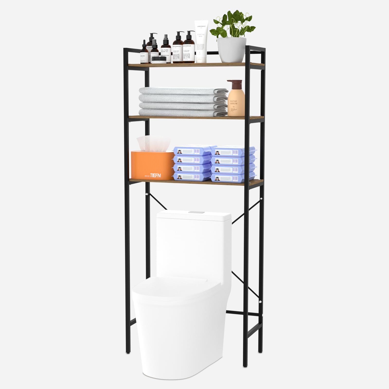 Over-The-Toilet Storage, Iron 3-Tier Over Toilet Bathroom Shelf, Multi-Service Space Saver Organizer for Balcony, Washroom, Laundry,Easy Assembly, Black