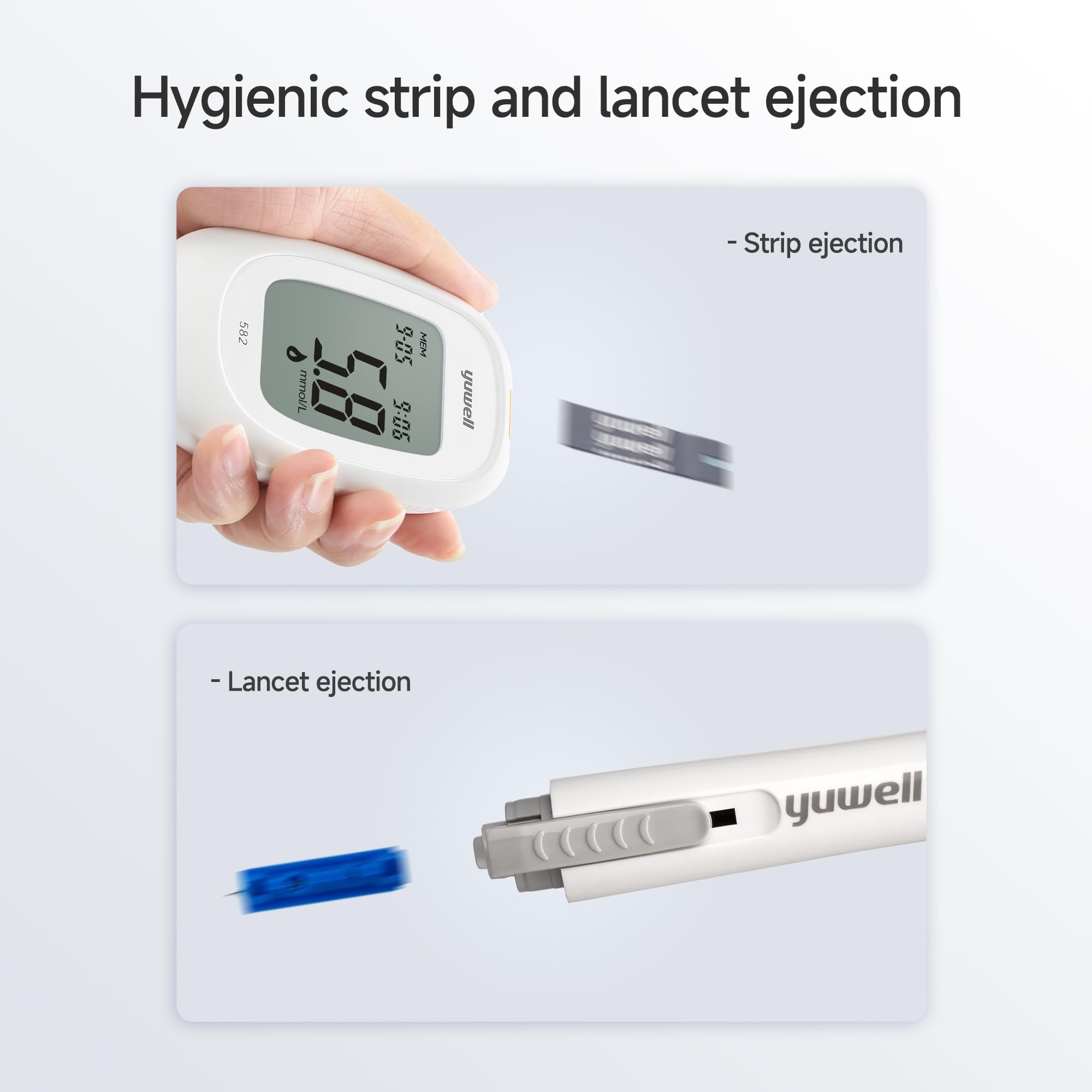 yuwell Blutzuckermessgerät Set mit Teststreifen x 50 und Lanzetten x 50, Diabetes Test ideal für den Heimgebrauch, Zuckermessgerät zur Selbstkontrolle des Blutzuckers bei Diabetes (Modell 582)