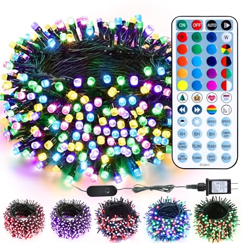 Brizled Christmas String Lights, 33ft 100 LED Color Changing Christmas Lights with Remote, RGB Christmas Tree Light Dimmable Music Plugin Mini Xmas Light Outdoor for Xmas Party Home
