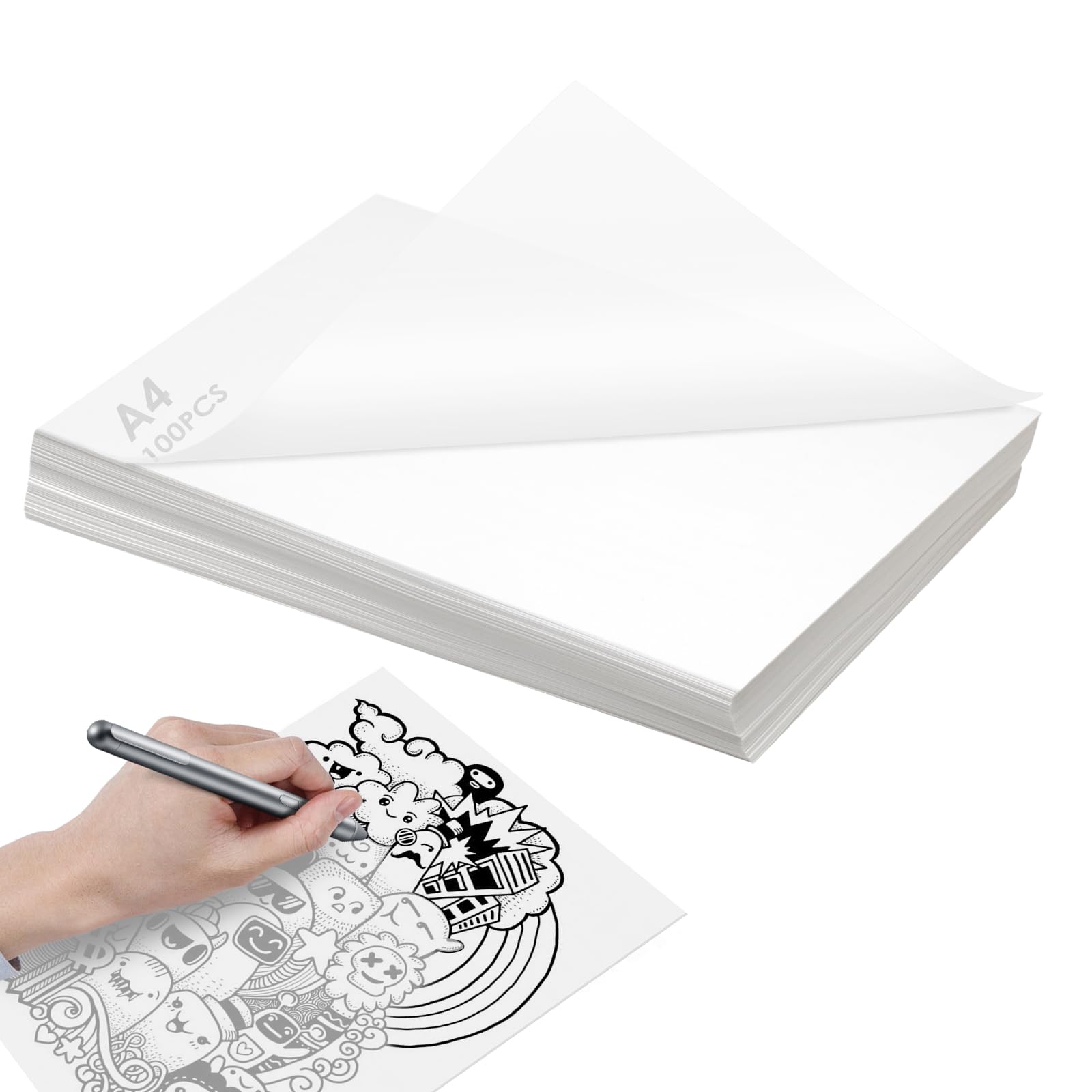 100 Feuilles Papier Calque Blanc, Papier Calque A4, Transparent, 55g/m², pour Patron Couture, Dessin, Scrapbooking et Calligraphie la Copie (210x297mm)