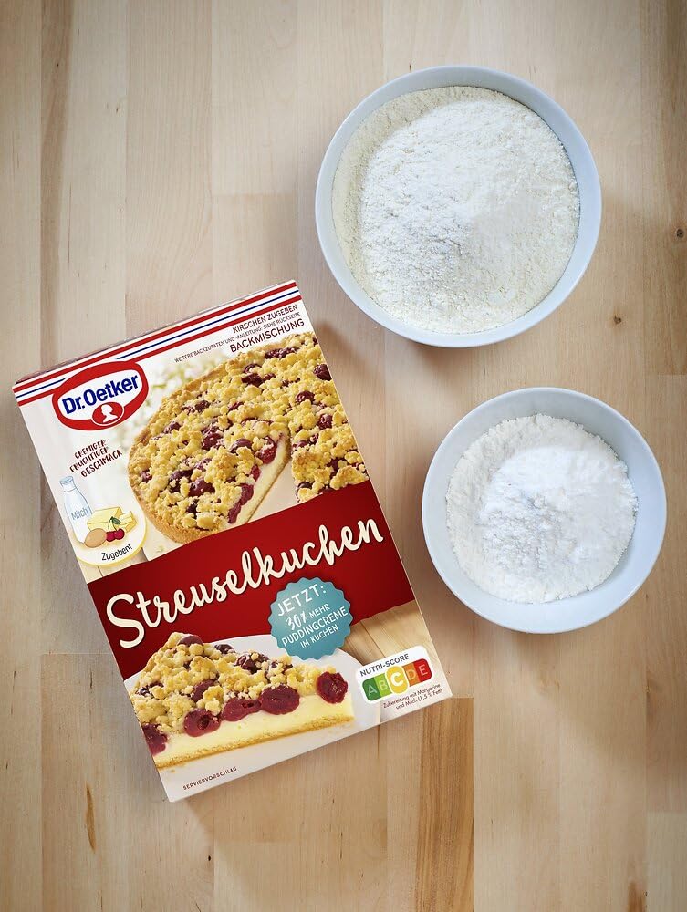 Dr. Oetker Streusel Kuchen, 8 x 485 g, Backmischung für Streuselkuchen mit Kirschen & Puddingcreme, gelingsichere Zubereitung, vegetarisch