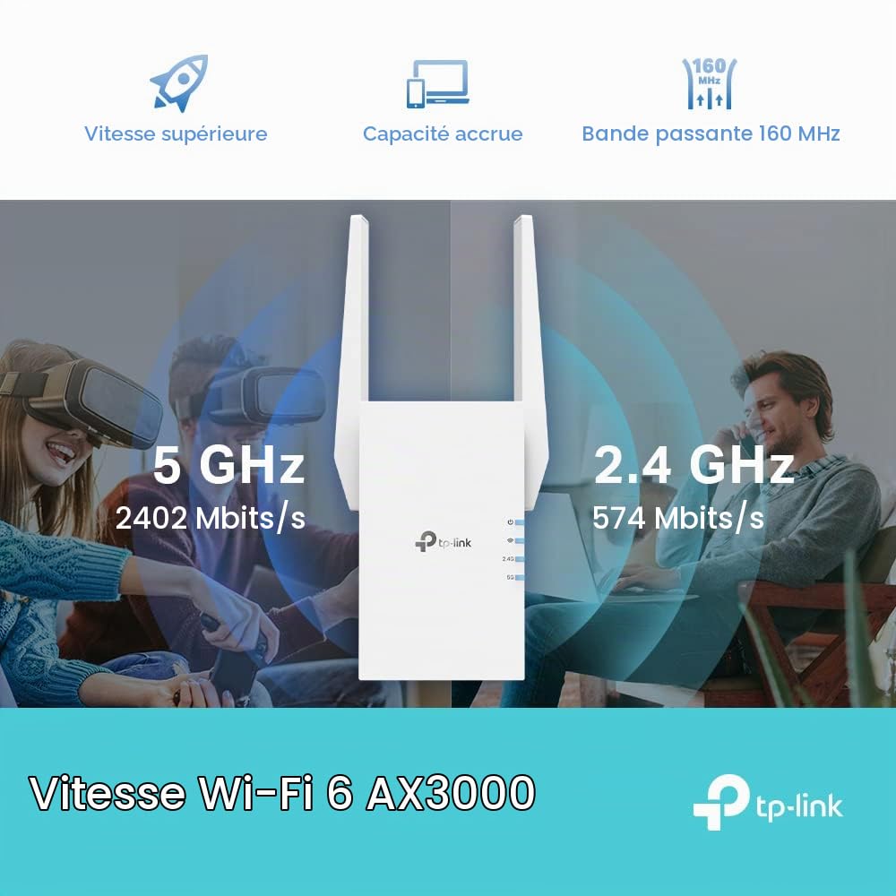 TP-Link Extension de portée Wi-Fi 6 maillé double bande AX3000, amplificateur/hotspot Wi-Fi 1 port Gigabit, canaux 160 MHz, mode point d'accès intégré, configuration