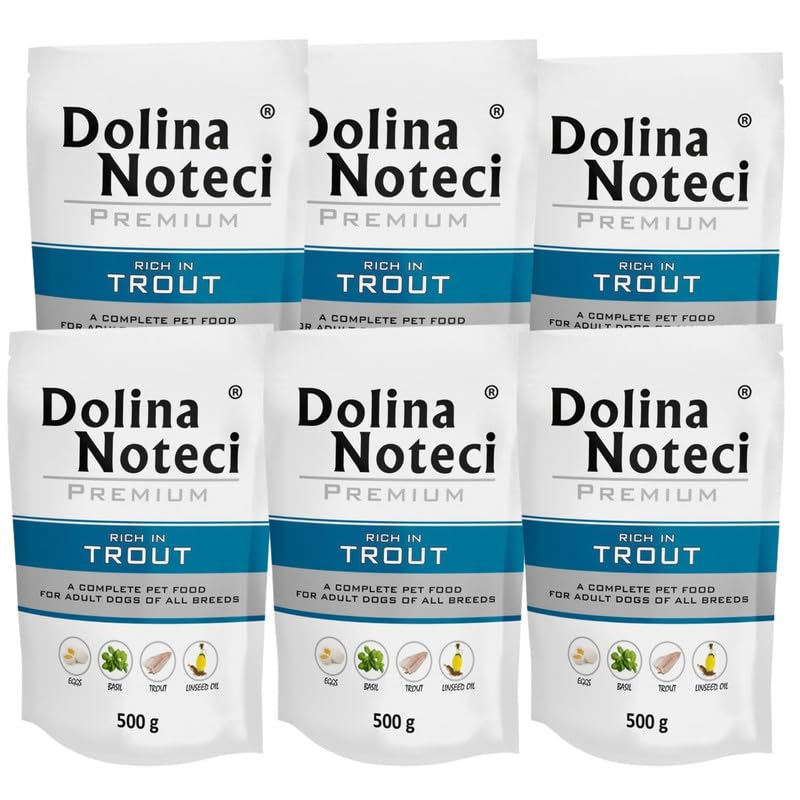 Dolina Noteci PREMIUM Wet Dog Food Variety Pack, Complete & Balanced Gluten-Free Meat-Rich Recipes, Omega-3 EPA & DHA, Digestive, Skin & Coat Support, No Artificial Colours Trout, 6x500g