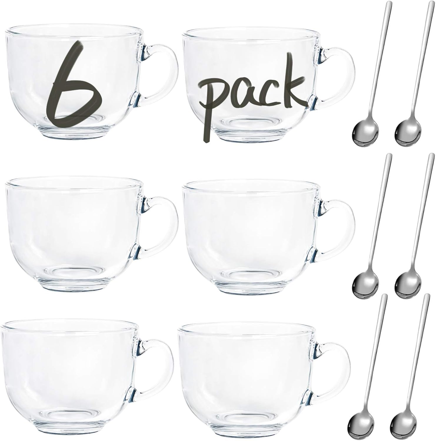 Large Glass Coffee Mugs Set of 6, 15oz Clear Glass Coffee Cups with