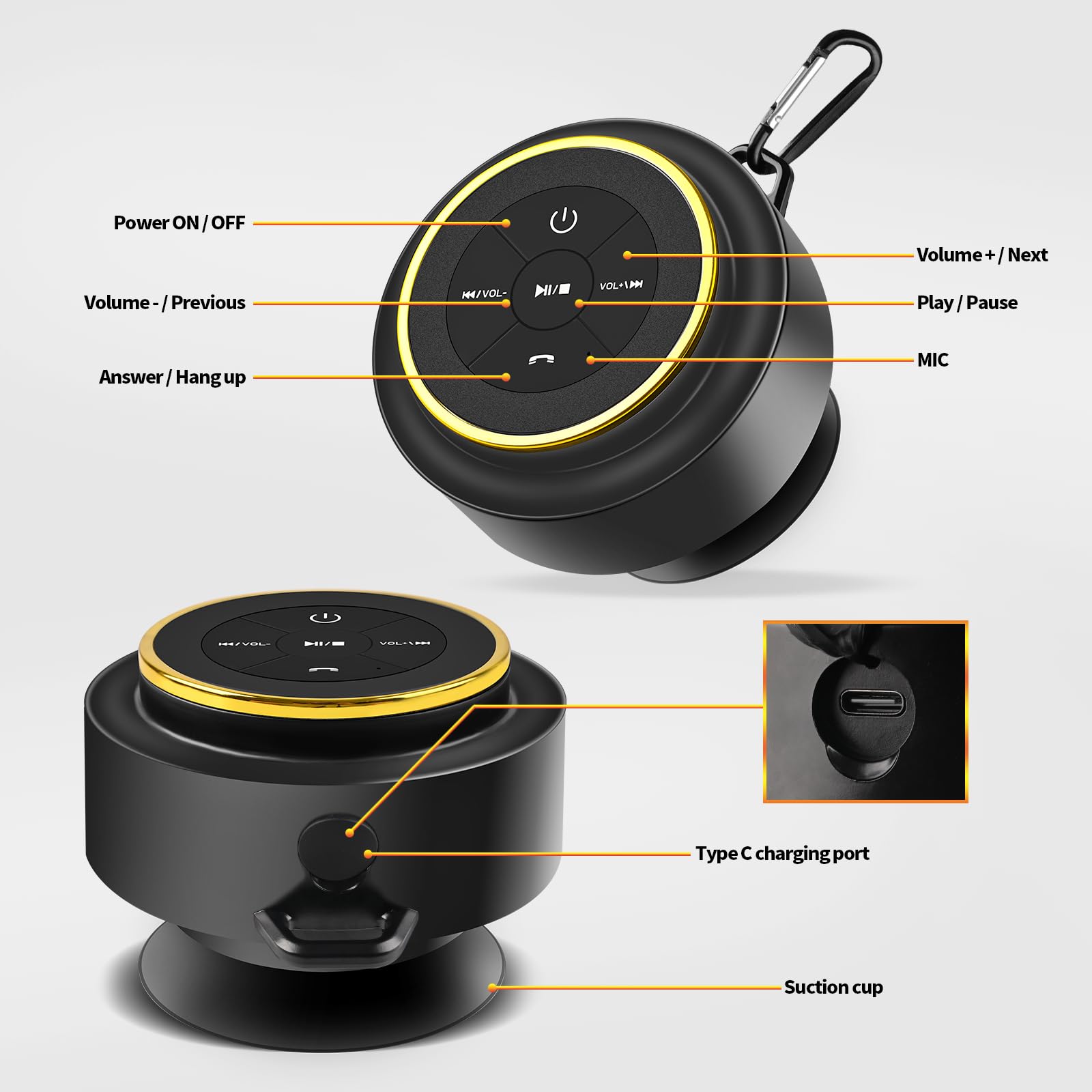 Altoparlante da doccia Bluetooth con moschettone, altoparlanti Bluetooth portatili con ventosa, impermeabile IP67, altoparlante wireless con luce LED, galleggiante, per campeggio, spiaggia,