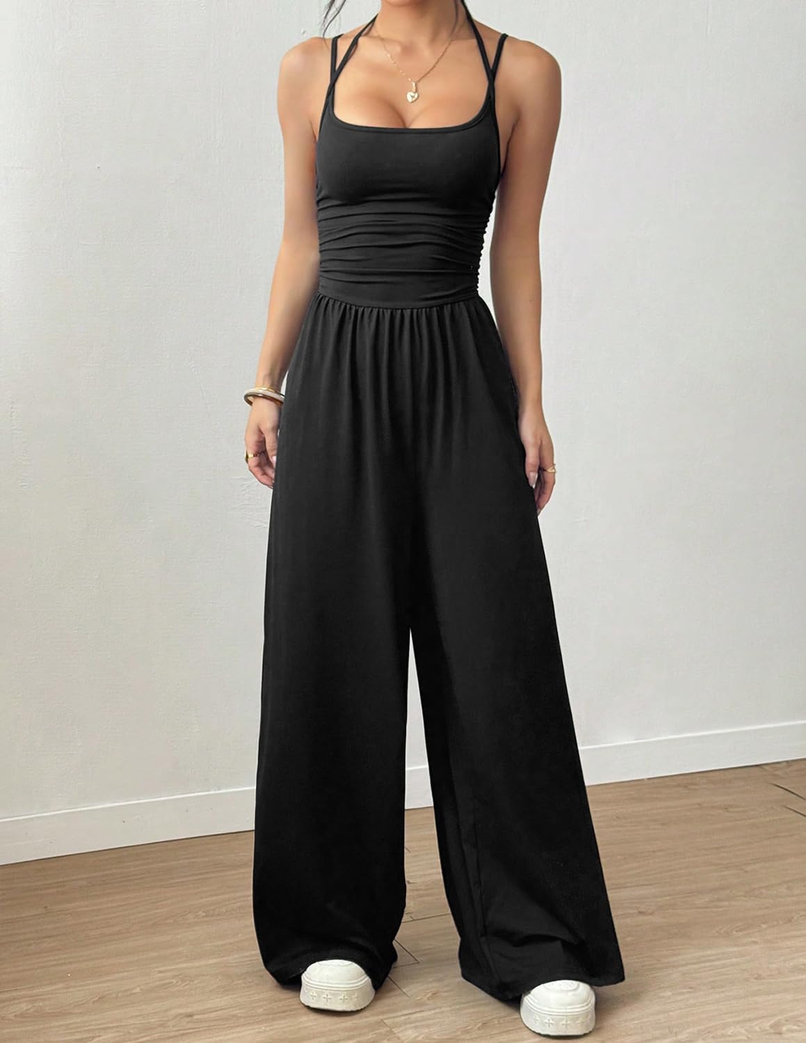 LIAMERHE Combinaison Femme Été Élégante Dos Nu Col Licou Sexy Pantalon Large Fluide Taille Haute Chic Sans Manches Jumpsuit pour Mariage Plage Décontracté Mode Barboteuse