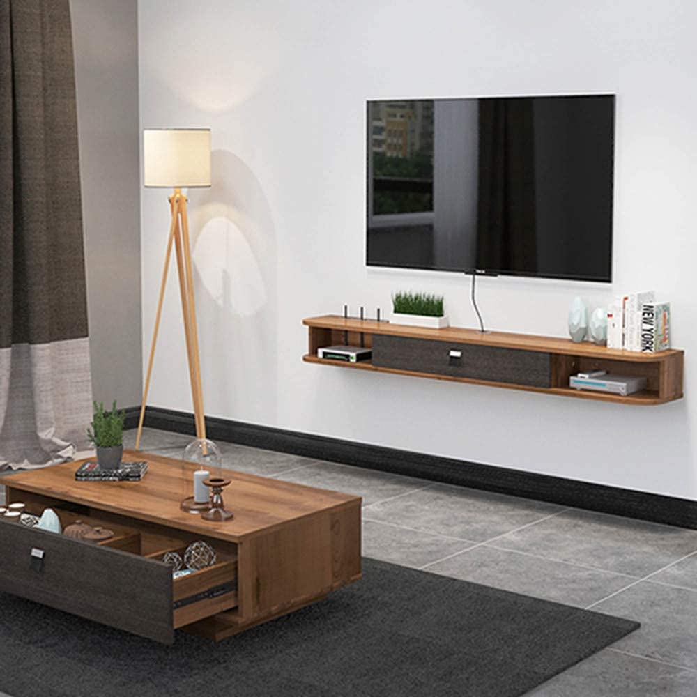 Mobiletto mobile per TV mobile Console multimediale fissata al muro, supporto per TV galleggiante in legno massello Unità di intrattenimento per montaggio a parete salvaspazio per soggiorno, camera da