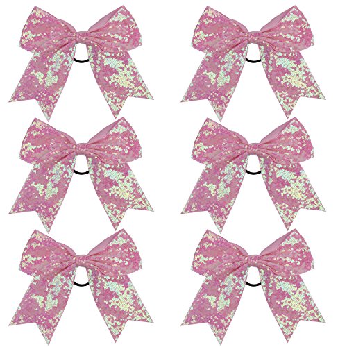 Metallic Sequin and Holographic 8 Inch Cheer Bow Cheerleader Cheerleading Jumbo Cheer Bow Hair Tie(Pink Sequin)