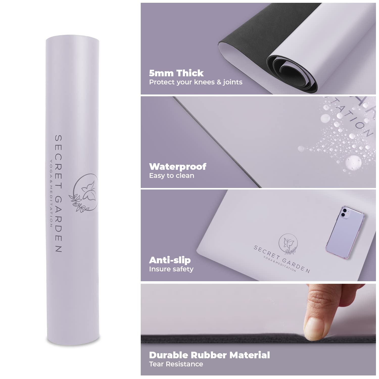 Esterilla de yoga antideslizante – Esterilla de ejercicio de doble capa para pilates, meditación, ejercicio – 5 mm de grosor para amortiguación y apoyo – lavanda