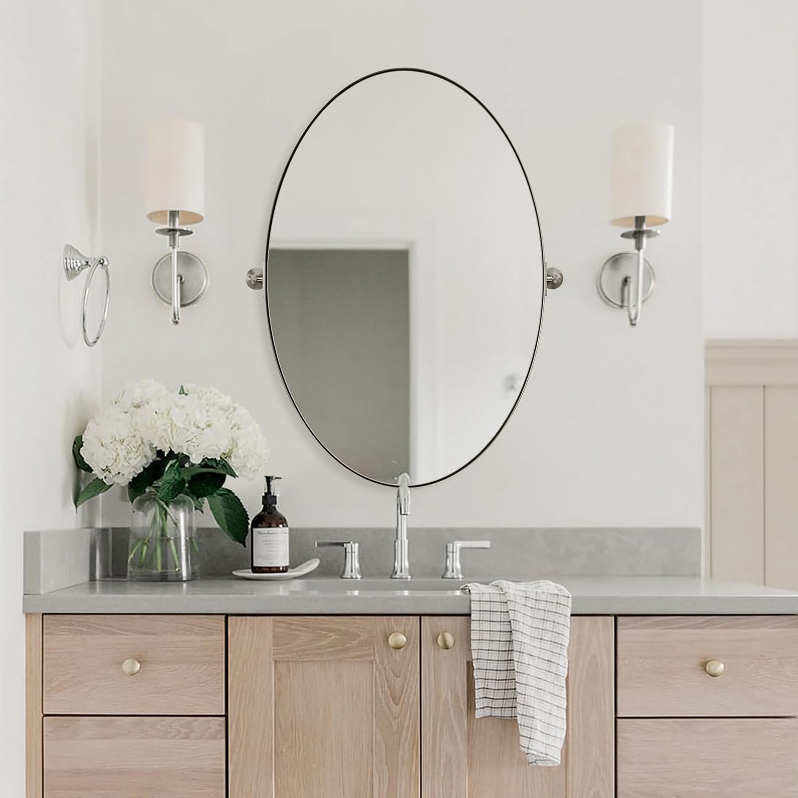 MOON MIRROR Brushed Nickel Mirror, Oval Pivot Mirror for Bathroom