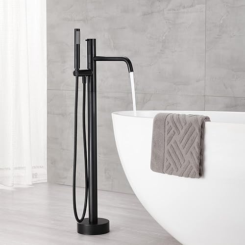 Miniatura 3 de Llenador de bañera independiente Grifo de bañera Negro Montaje en el piso Grifos de baño de latón de una sola manija con ducha de mano