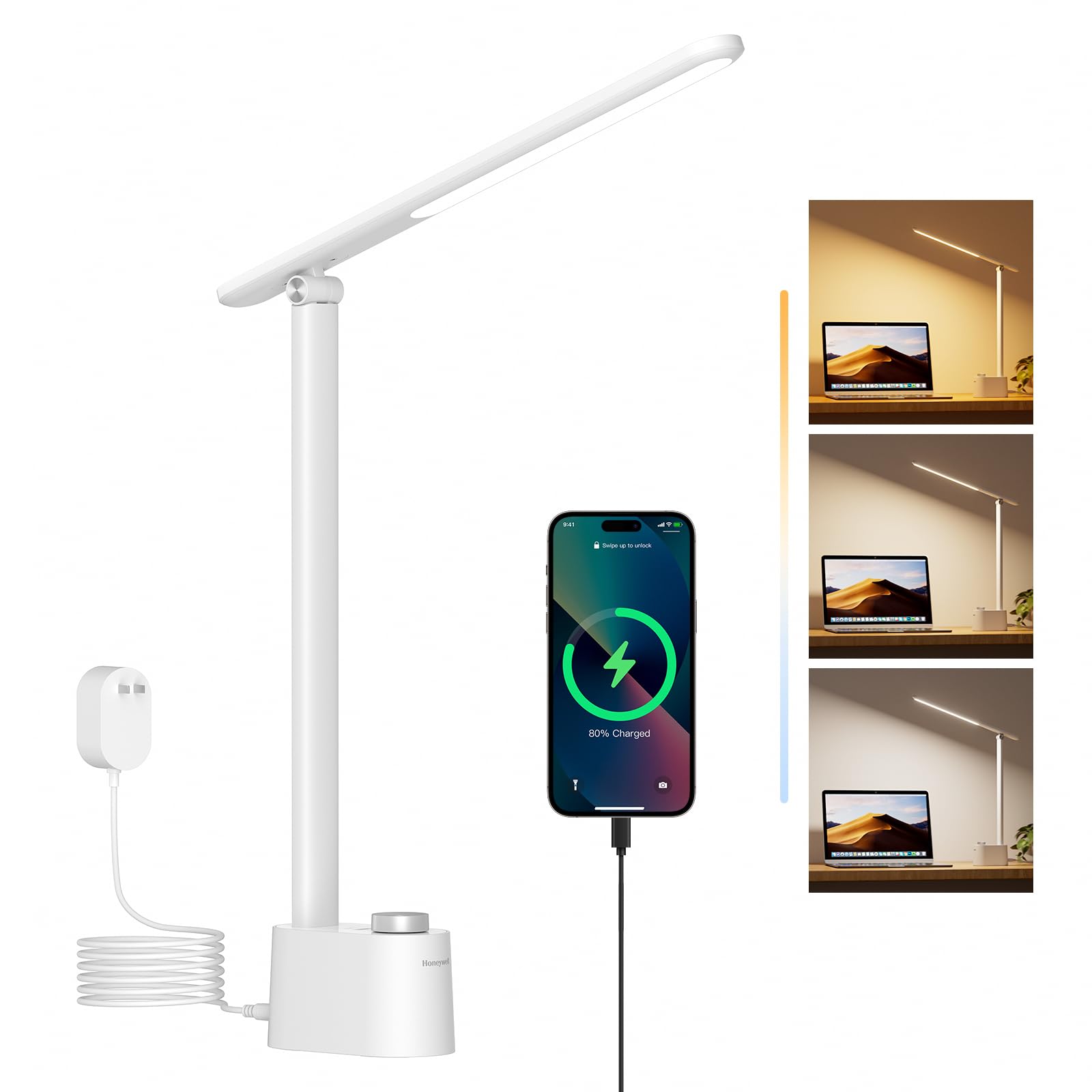 Honeywell White Led Desk Lamp With Usb Charging Ports, H01 Stepless Dimmable Eye Caring Sunturalux Desk Light For Office Home, Foldable Table Lamp For Bedroom Nightstand College Dorm Lamp（White）
